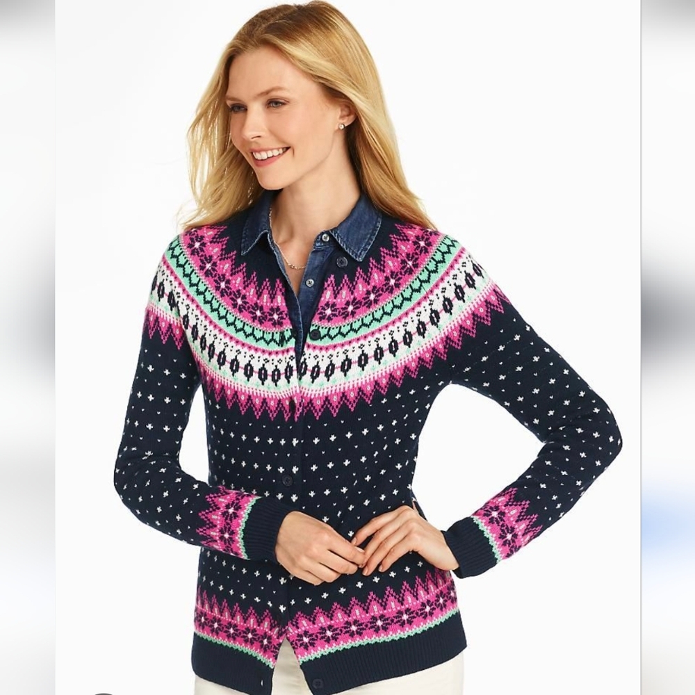 Talbots Womens Cardigan Sweater Fair Isle Lambswool Nordic Scandinavian LP Petit